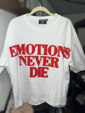 White Short-Sleeve Tee with Red Studded 'EMOTIONS NEVER DIE' Graphic